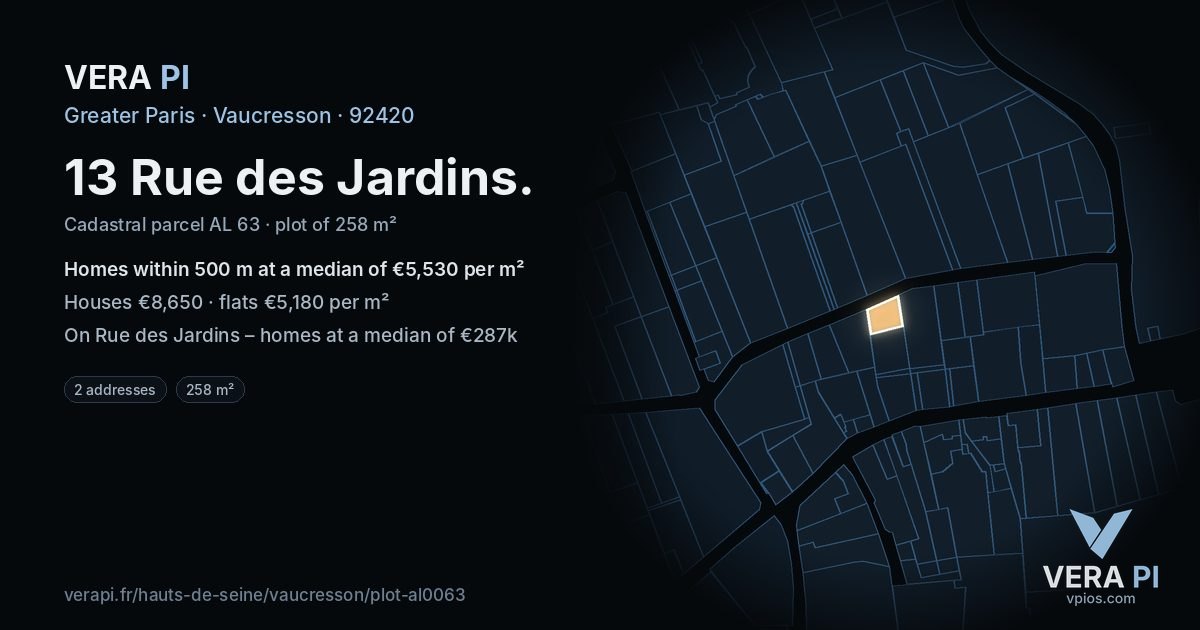 13 Rue des Jardins, Vaucresson at night – the plot lit, the parcels around coloured by the prices near them