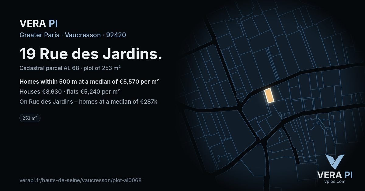 19 Rue des Jardins, Vaucresson at night – the plot lit, the parcels around coloured by the prices near them