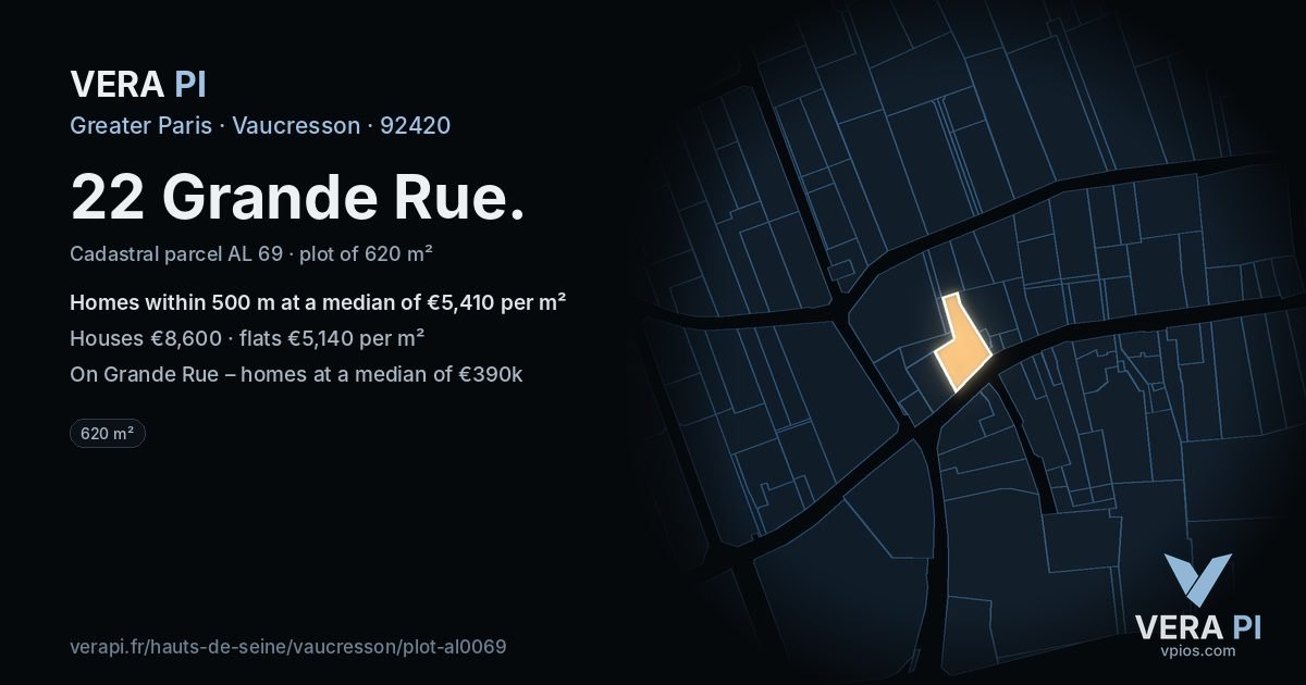 22 Grande Rue, Vaucresson at night – the plot lit, the parcels around coloured by the prices near them