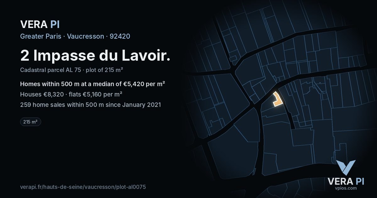2 Impasse du Lavoir, Vaucresson at night – the plot lit, the parcels around coloured by the prices near them