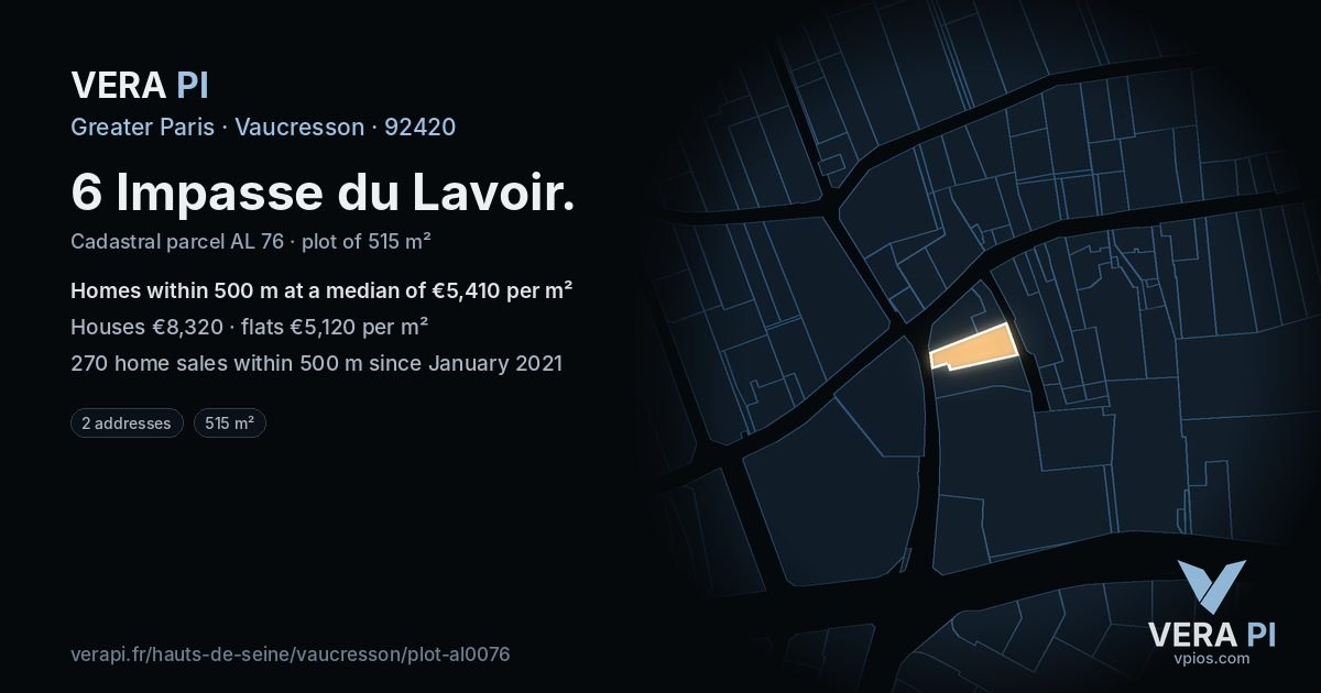 6 Impasse du Lavoir, Vaucresson at night – the plot lit, the parcels around coloured by the prices near them