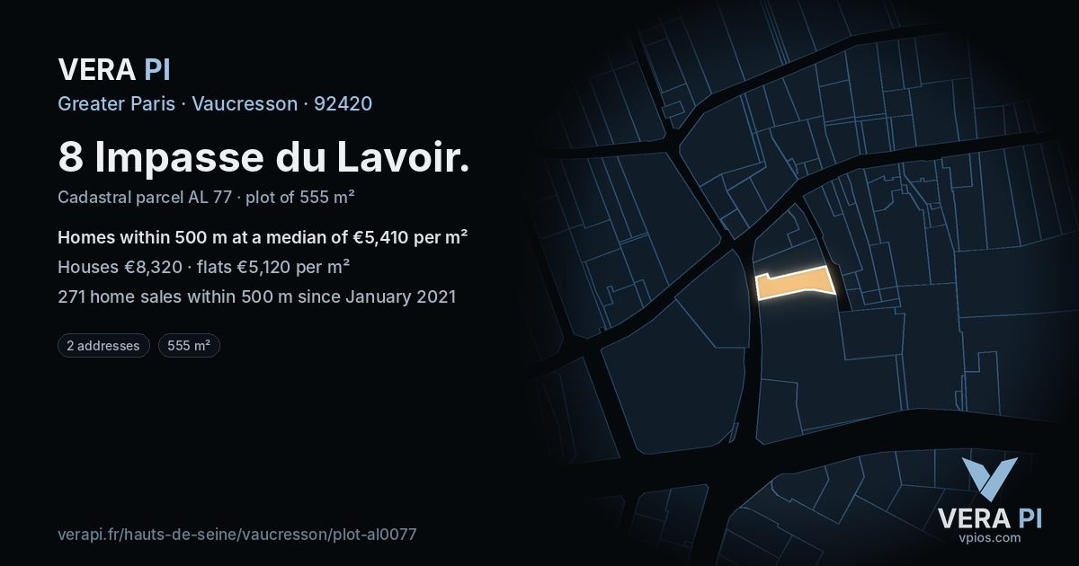 8 Impasse du Lavoir, Vaucresson at night – the plot lit, the parcels around coloured by the prices near them