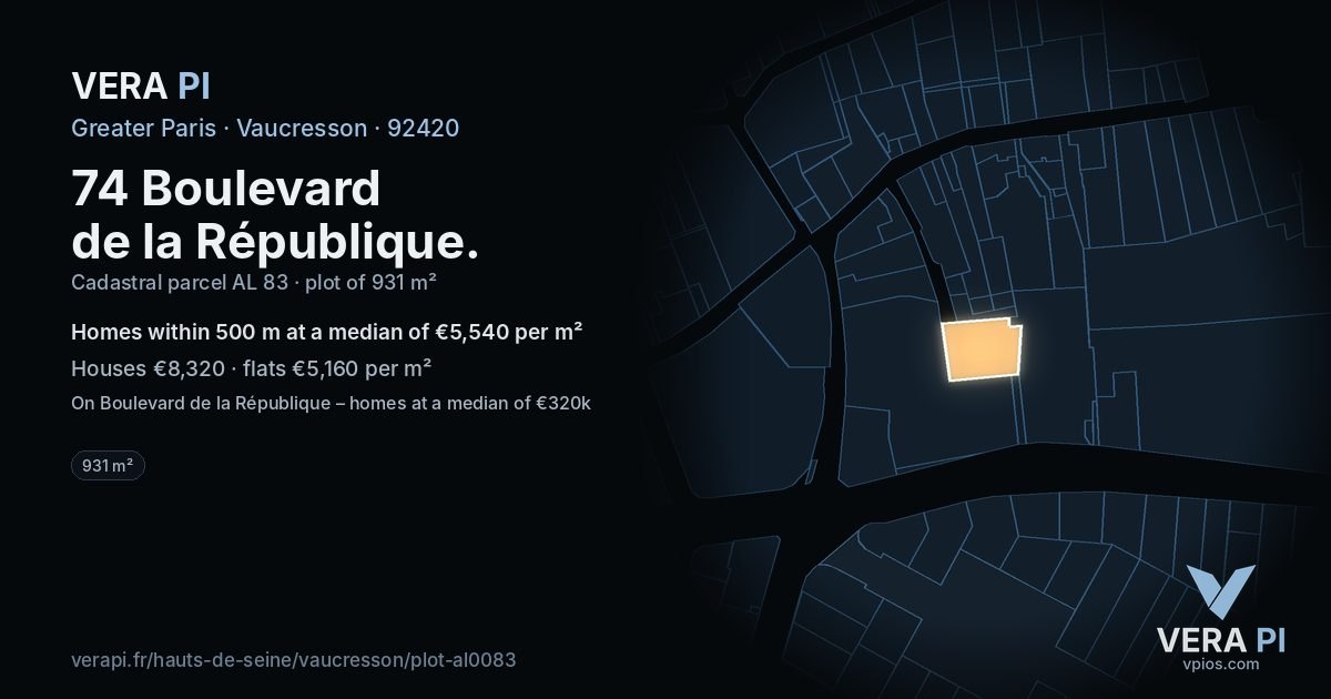 74 Boulevard de la République, Vaucresson at night – the plot lit, the parcels around coloured by the prices near them
