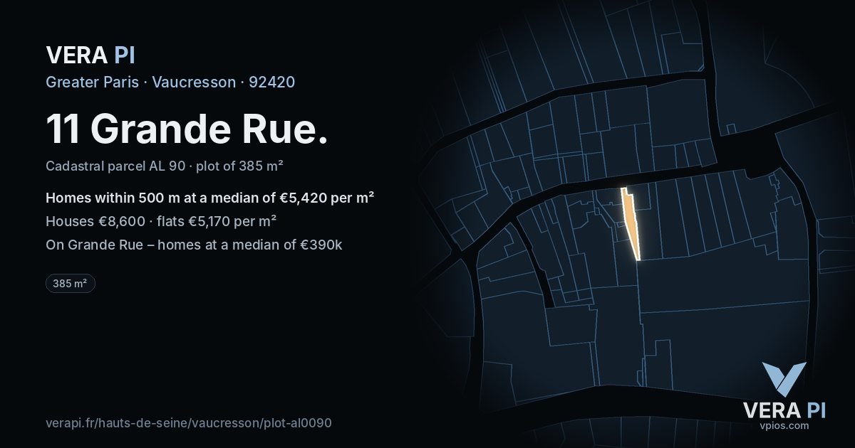 11 Grande Rue, Vaucresson at night – the plot lit, the parcels around coloured by the prices near them