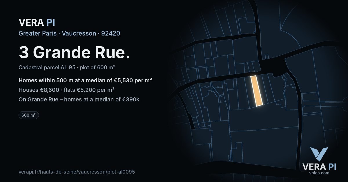 3 Grande Rue, Vaucresson at night – the plot lit, the parcels around coloured by the prices near them