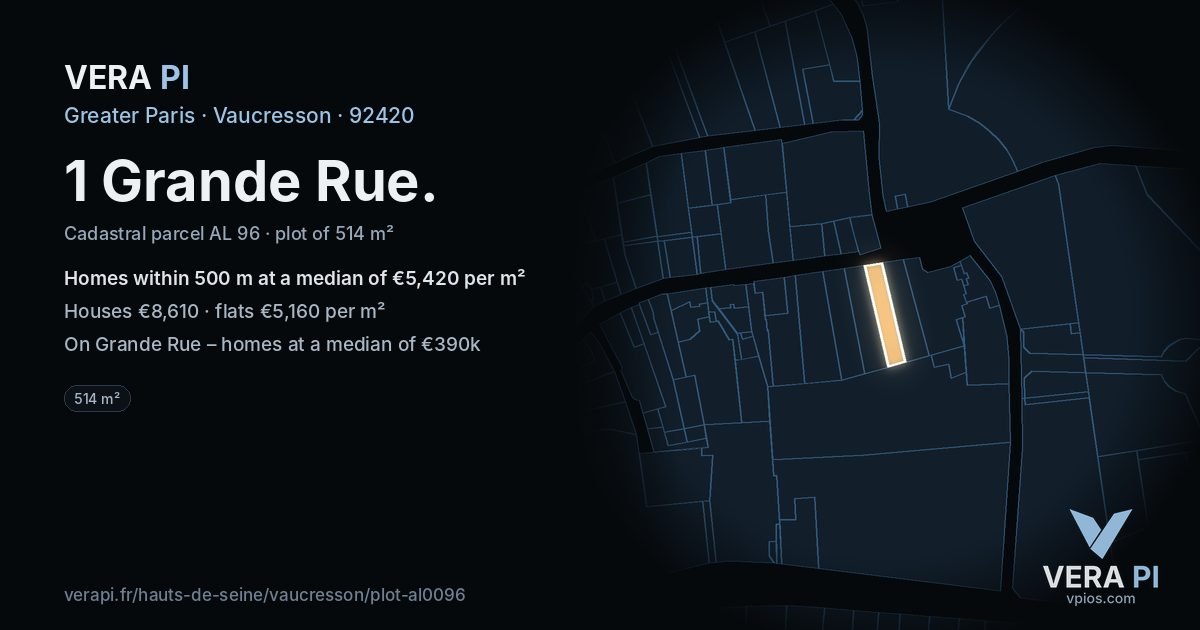 1 Grande Rue, Vaucresson at night – the plot lit, the parcels around coloured by the prices near them