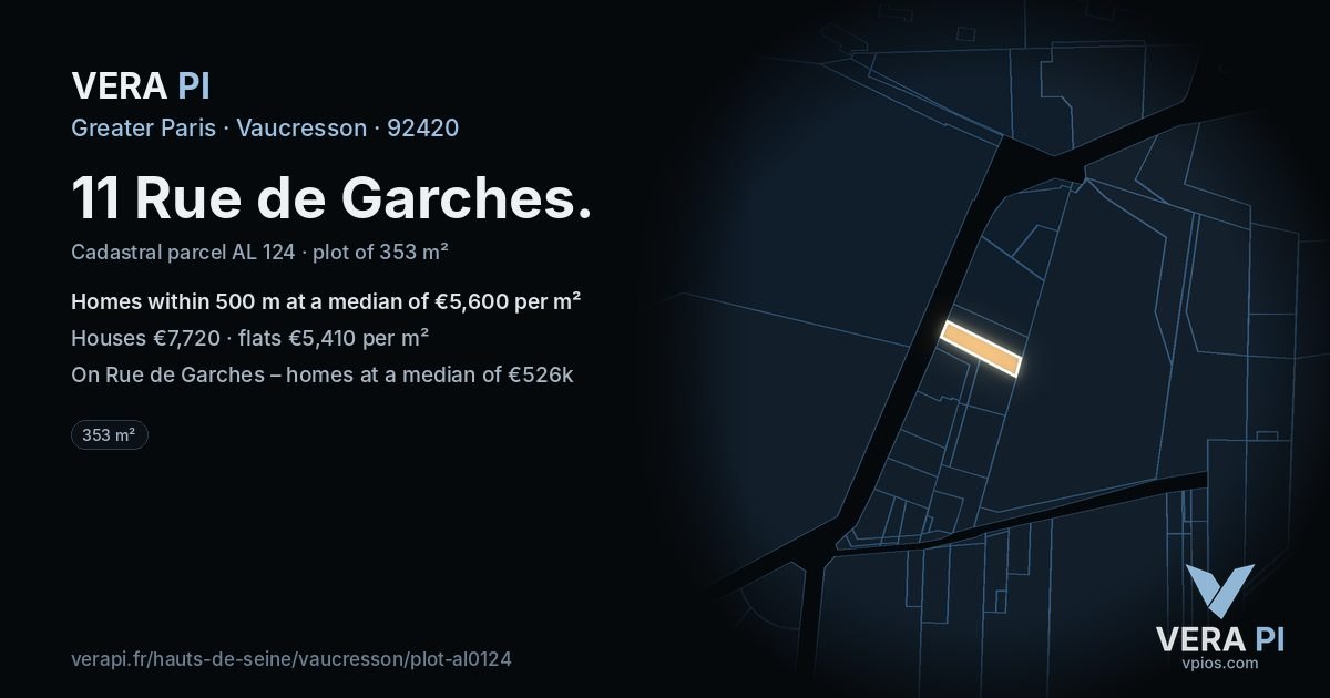 11 Rue de Garches, Vaucresson at night – the plot lit, the parcels around coloured by the prices near them