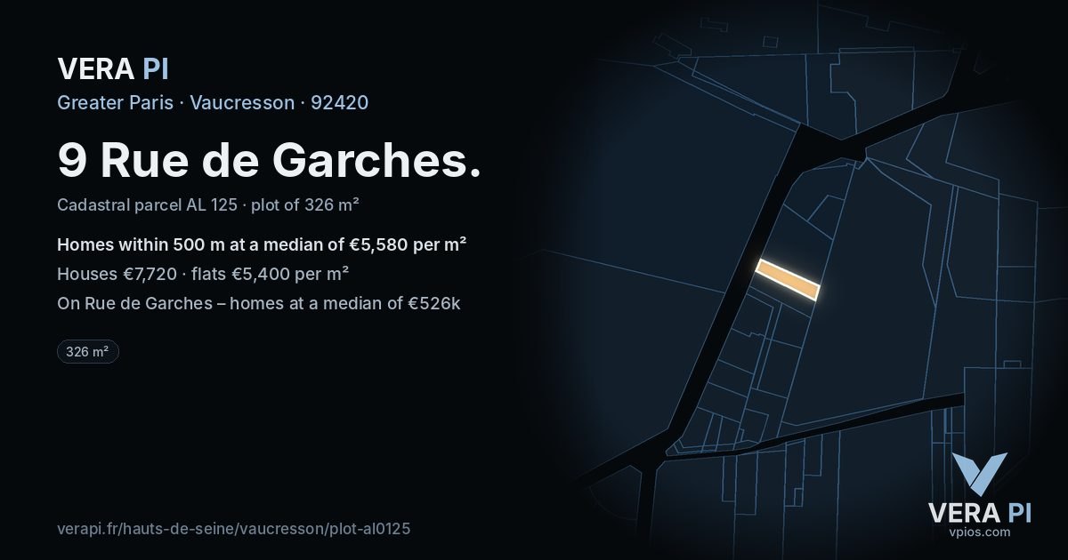 9 Rue de Garches, Vaucresson at night – the plot lit, the parcels around coloured by the prices near them