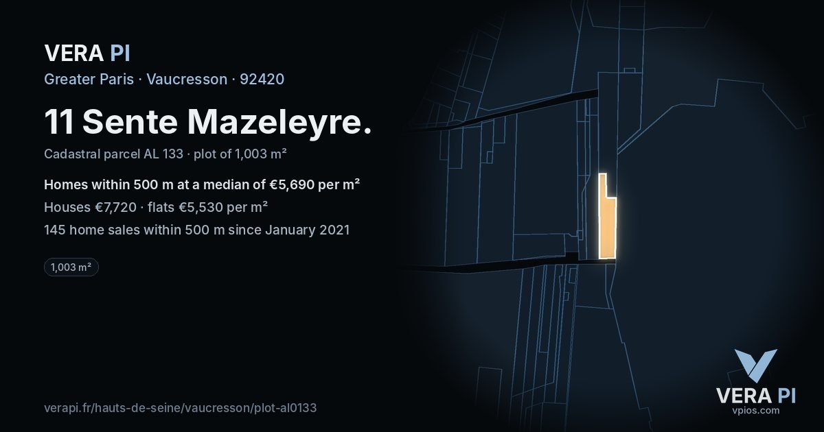 11 Sente Mazeleyre, Vaucresson at night – the plot lit, the parcels around coloured by the prices near them