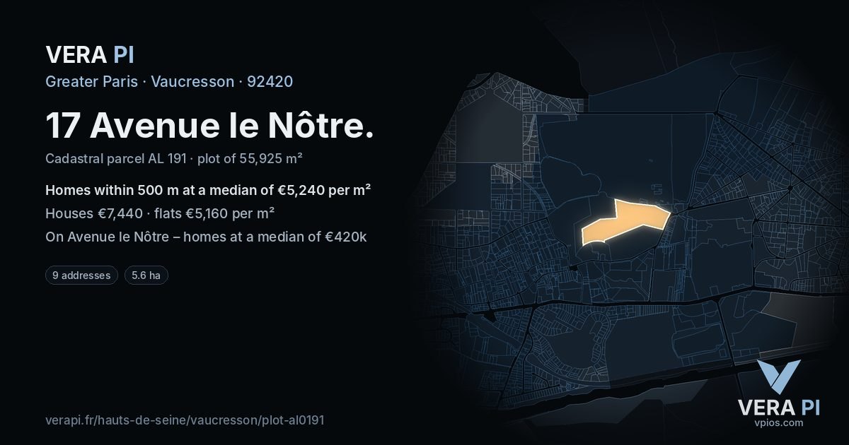 17 Avenue le Nôtre, Vaucresson at night – the plot lit, the parcels around coloured by the prices near them