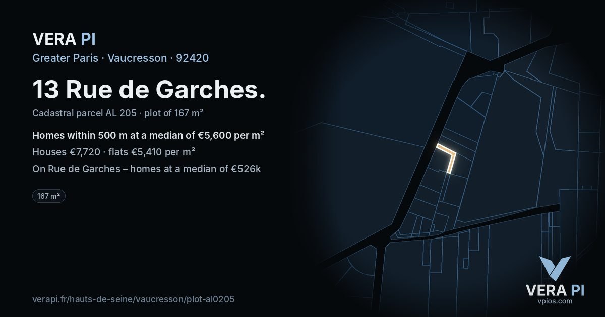 13 Rue de Garches, Vaucresson at night – the plot lit, the parcels around coloured by the prices near them