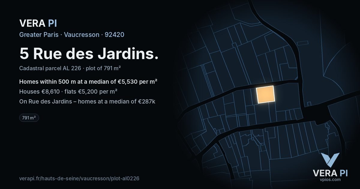 5 Rue des Jardins, Vaucresson at night – the plot lit, the parcels around coloured by the prices near them