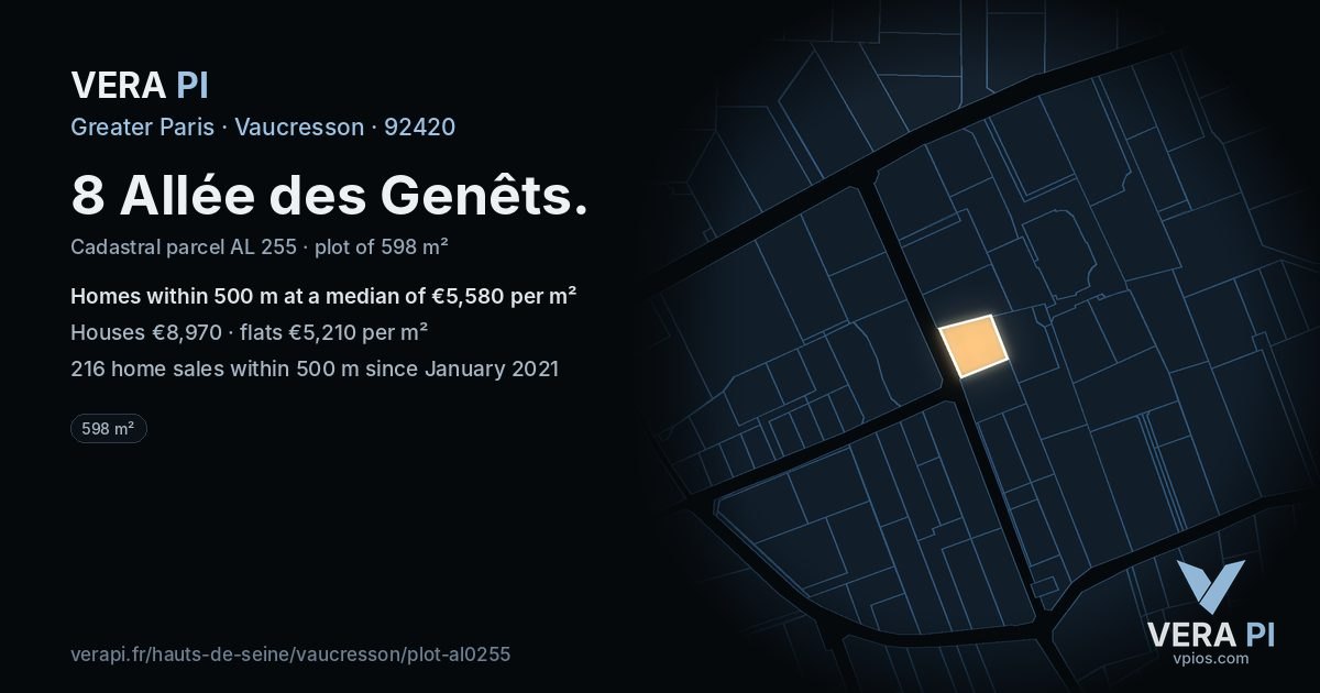 8 Allée des Genêts, Vaucresson at night – the plot lit, the parcels around coloured by the prices near them