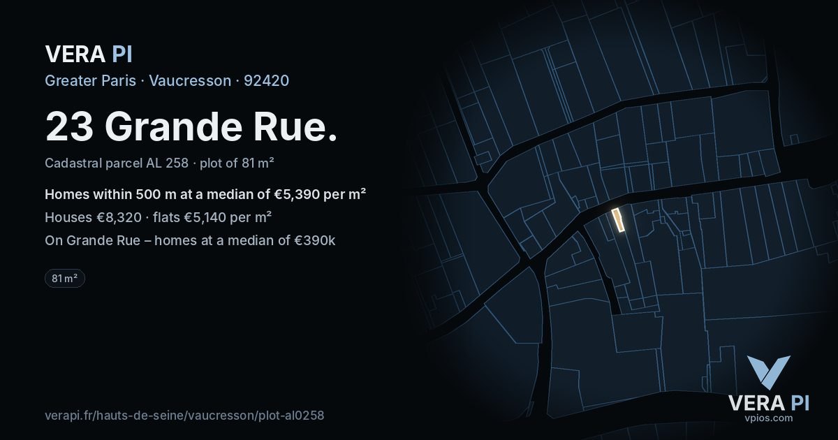 23 Grande Rue, Vaucresson at night – the plot lit, the parcels around coloured by the prices near them
