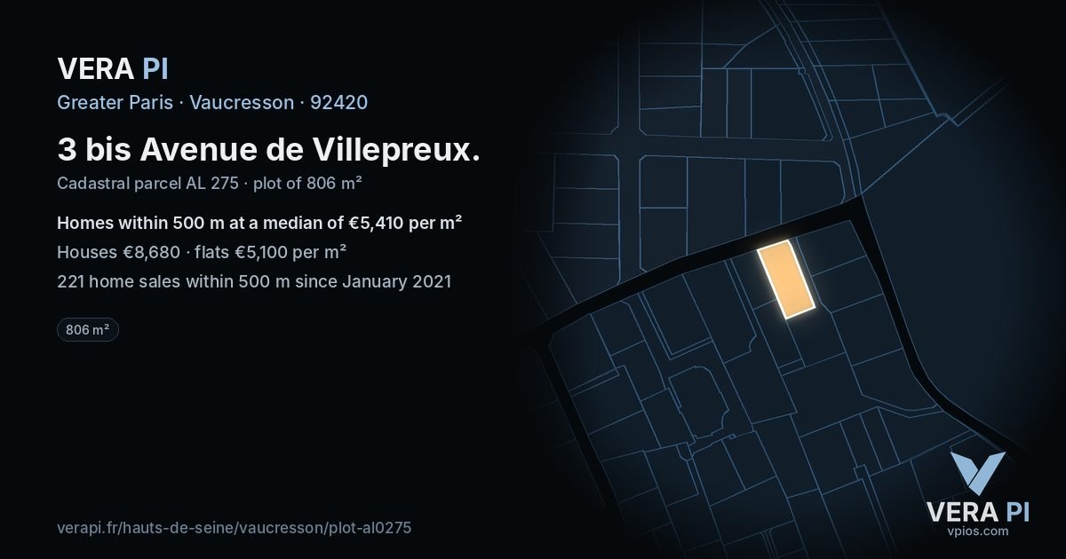 3 bis Avenue de Villepreux, Vaucresson at night – the plot lit, the parcels around coloured by the prices near them