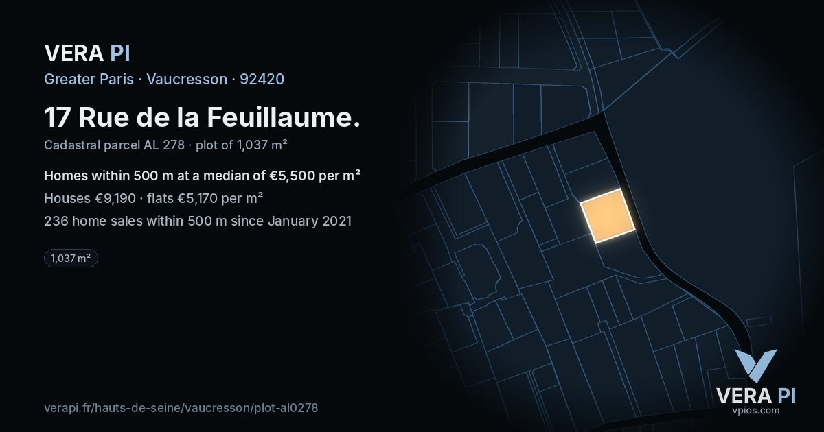 17 Rue de la Feuillaume, Vaucresson at night – the plot lit, the parcels around coloured by the prices near them