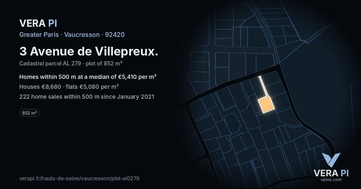 3 Avenue de Villepreux, Vaucresson at night – the plot lit, the parcels around coloured by the prices near them