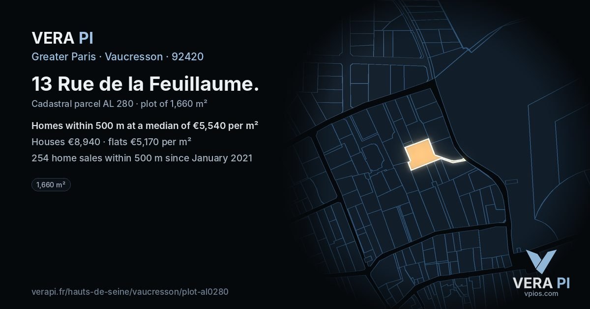 13 Rue de la Feuillaume, Vaucresson at night – the plot lit, the parcels around coloured by the prices near them