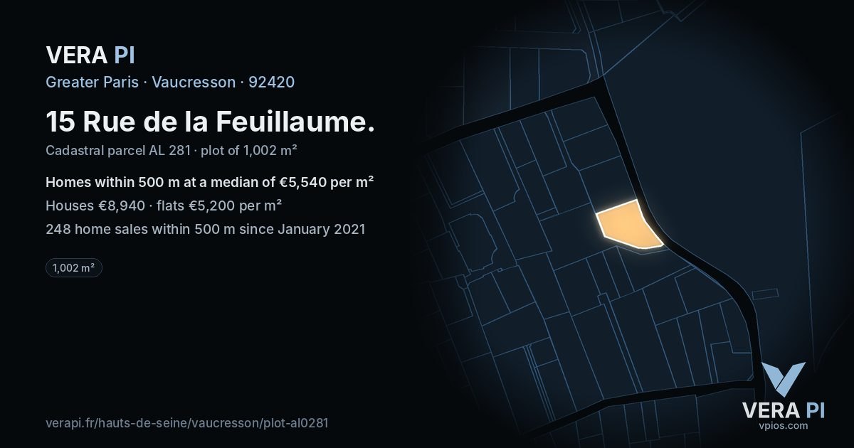 15 Rue de la Feuillaume, Vaucresson at night – the plot lit, the parcels around coloured by the prices near them