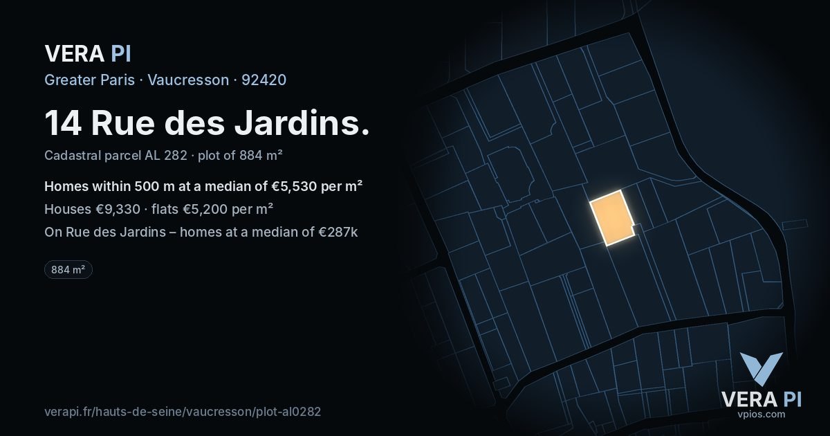 14 Rue des Jardins, Vaucresson at night – the plot lit, the parcels around coloured by the prices near them