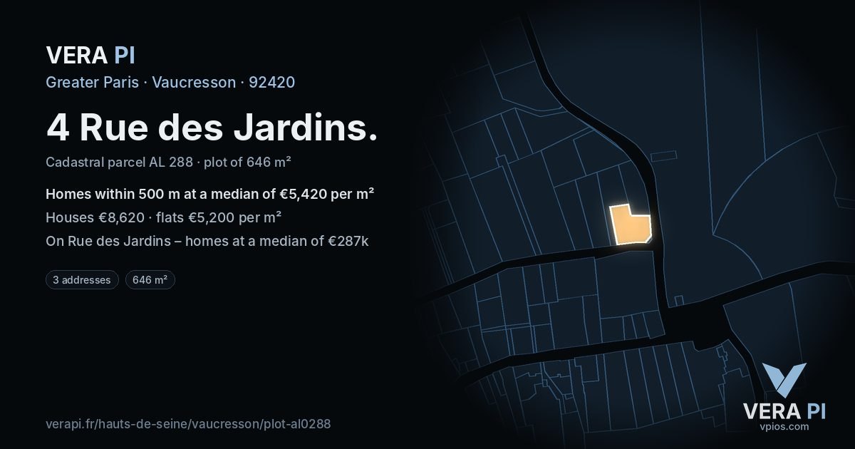 4 Rue des Jardins, Vaucresson at night – the plot lit, the parcels around coloured by the prices near them