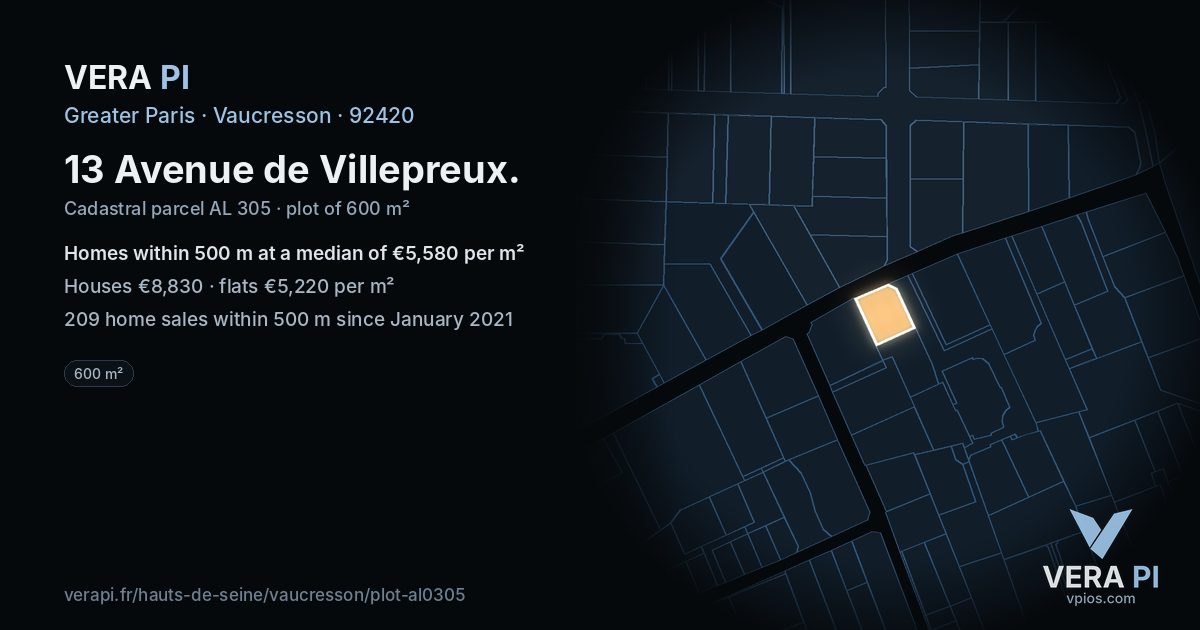 13 Avenue de Villepreux, Vaucresson at night – the plot lit, the parcels around coloured by the prices near them