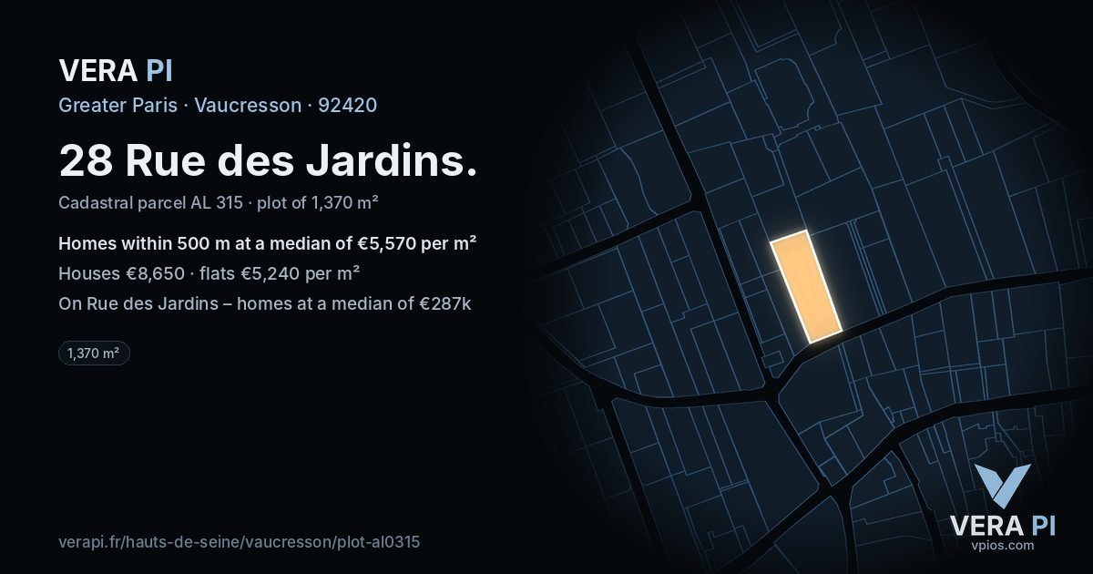 28 Rue des Jardins, Vaucresson at night – the plot lit, the parcels around coloured by the prices near them