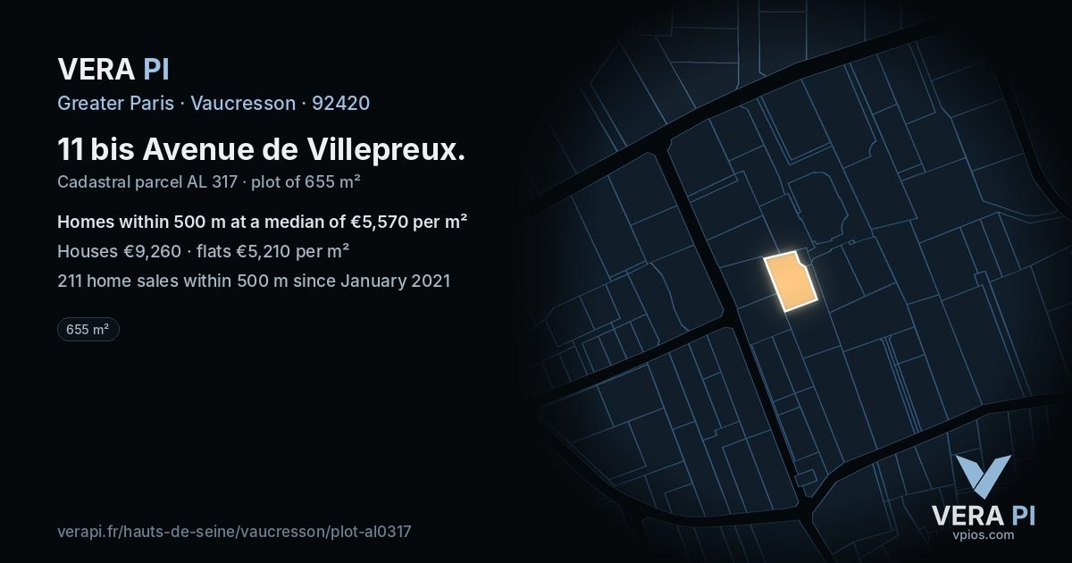 11 bis Avenue de Villepreux, Vaucresson at night – the plot lit, the parcels around coloured by the prices near them