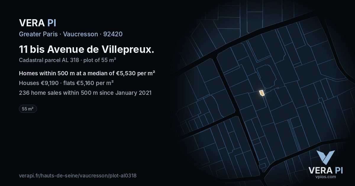 11 bis Avenue de Villepreux, Vaucresson at night – the plot lit, the parcels around coloured by the prices near them