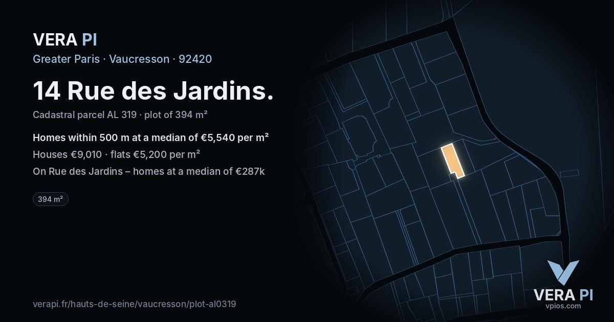 14 Rue des Jardins, Vaucresson at night – the plot lit, the parcels around coloured by the prices near them