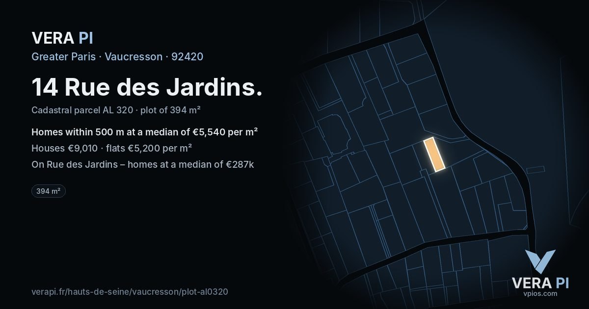 14 Rue des Jardins, Vaucresson at night – the plot lit, the parcels around coloured by the prices near them