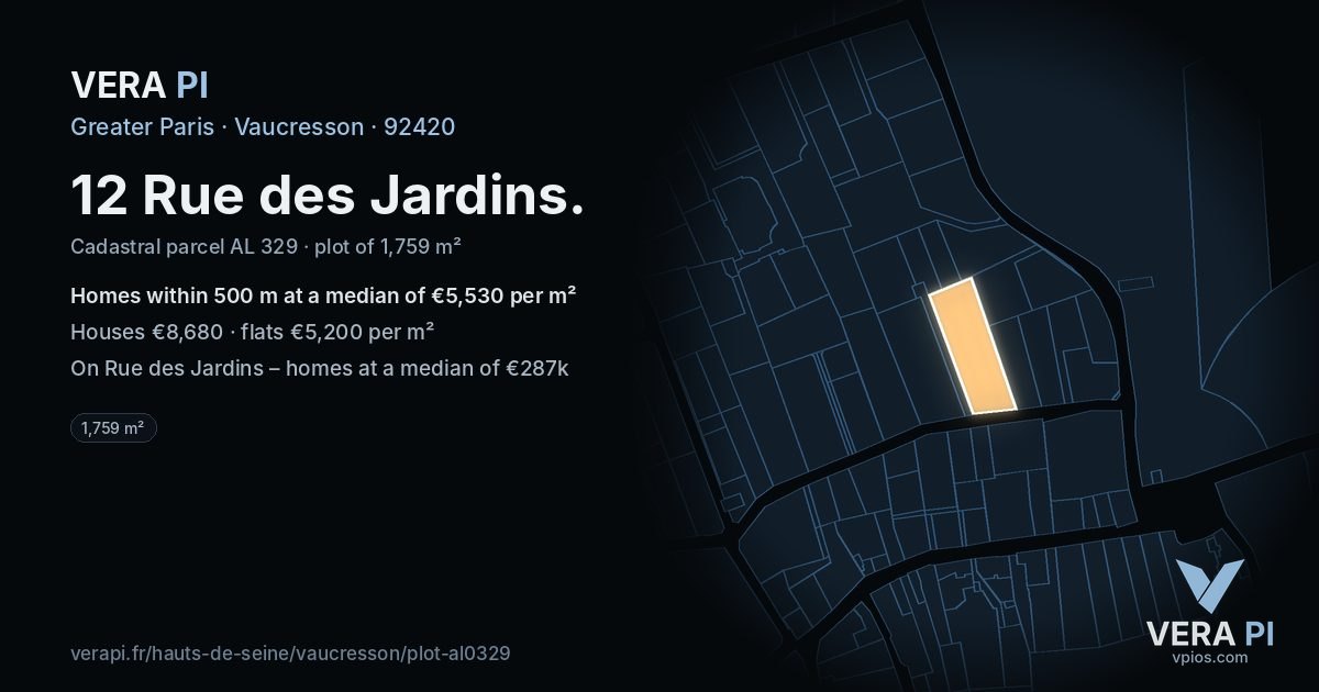12 Rue des Jardins, Vaucresson at night – the plot lit, the parcels around coloured by the prices near them