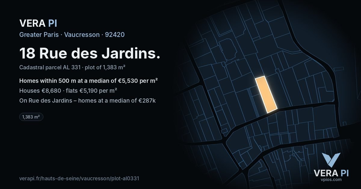 18 Rue des Jardins, Vaucresson at night – the plot lit, the parcels around coloured by the prices near them