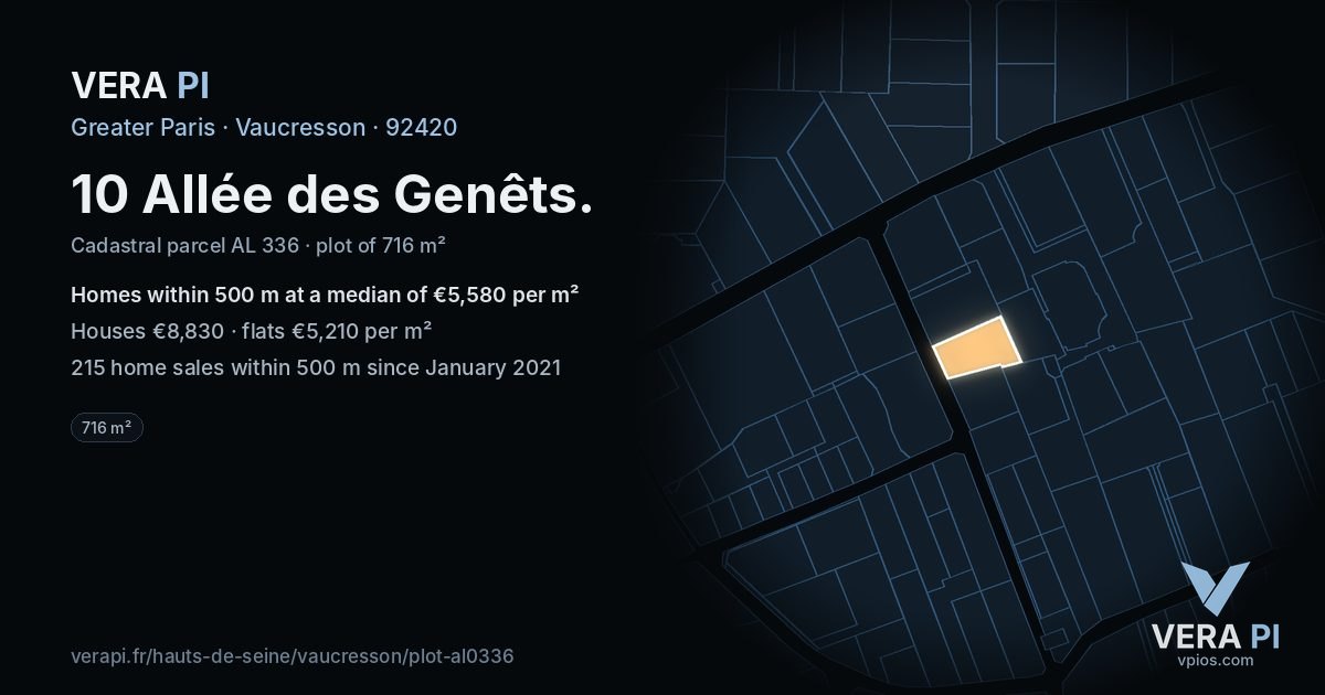 10 Allée des Genêts, Vaucresson at night – the plot lit, the parcels around coloured by the prices near them