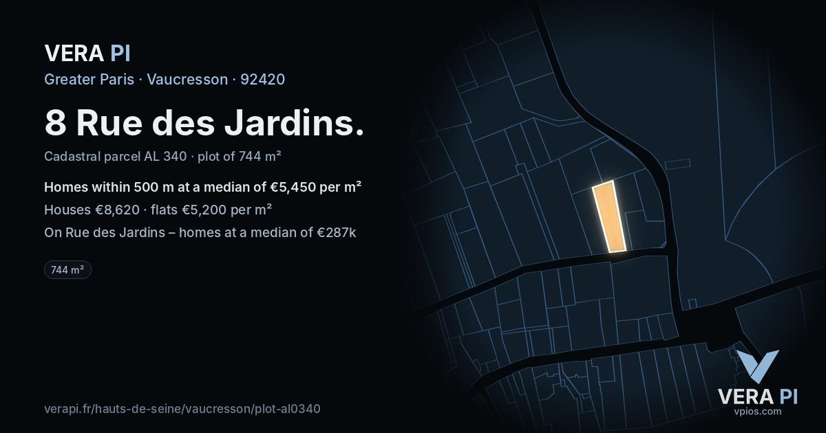 8 Rue des Jardins, Vaucresson at night – the plot lit, the parcels around coloured by the prices near them