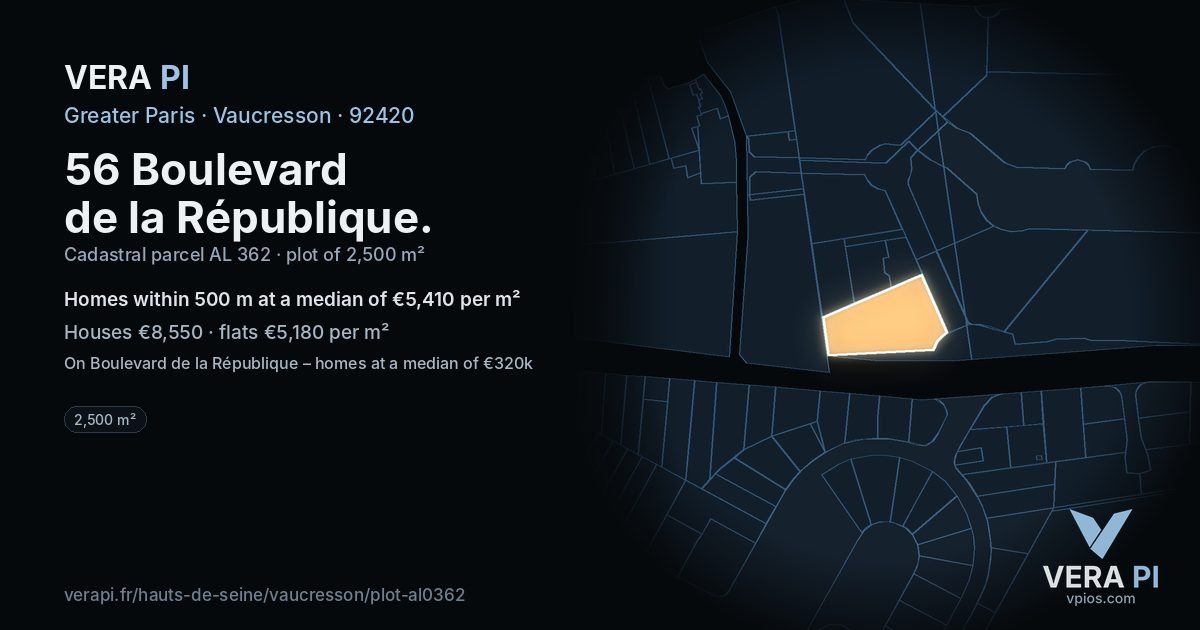 56 Boulevard de la République, Vaucresson at night – the plot lit, the parcels around coloured by the prices near them
