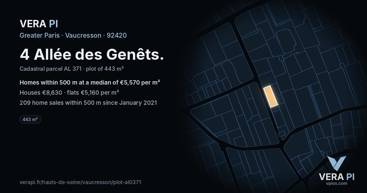 4 Allée des Genêts, Vaucresson at night – the plot lit, the parcels around coloured by the prices near them
