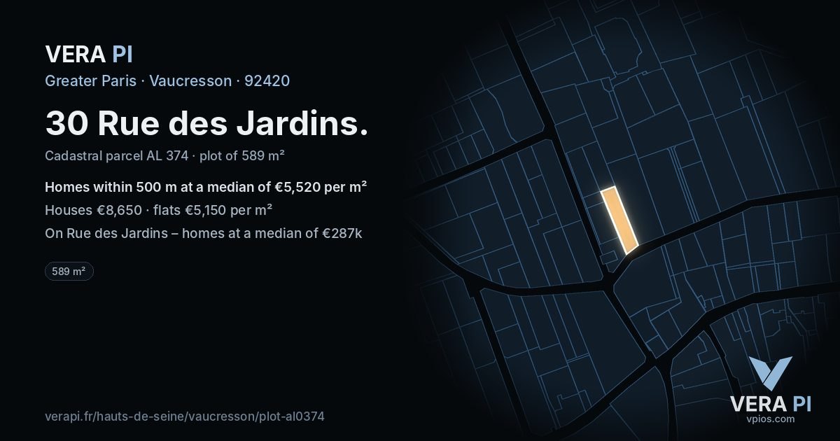 30 Rue des Jardins, Vaucresson at night – the plot lit, the parcels around coloured by the prices near them