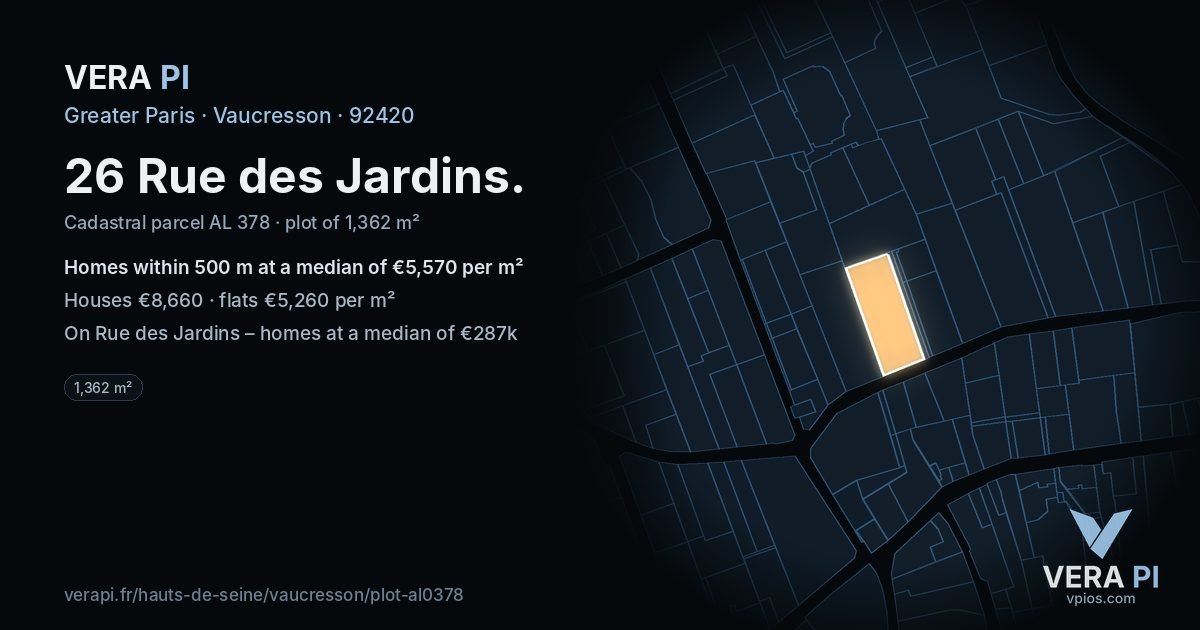 26 Rue des Jardins, Vaucresson at night – the plot lit, the parcels around coloured by the prices near them