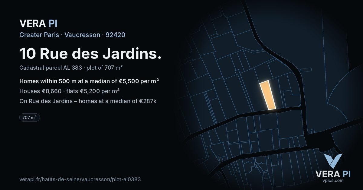 10 Rue des Jardins, Vaucresson at night – the plot lit, the parcels around coloured by the prices near them