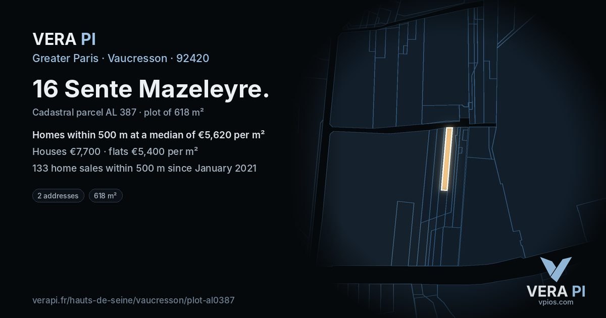 16 Sente Mazeleyre, Vaucresson at night – the plot lit, the parcels around coloured by the prices near them