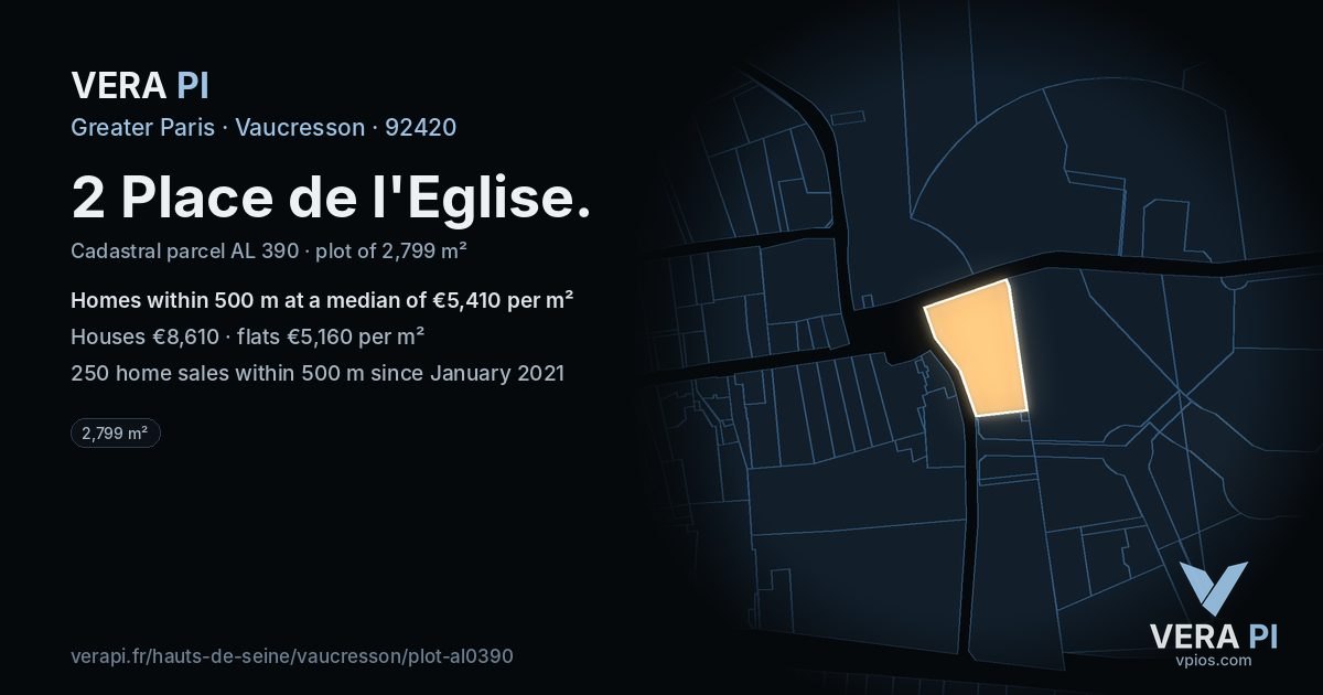 2 Place de l'Eglise, Vaucresson at night – the plot lit, the parcels around coloured by the prices near them
