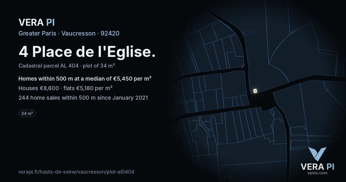 4 Place de l'Eglise, Vaucresson at night – the plot lit, the parcels around coloured by the prices near them