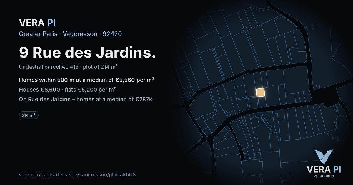 9 Rue des Jardins, Vaucresson at night – the plot lit, the parcels around coloured by the prices near them