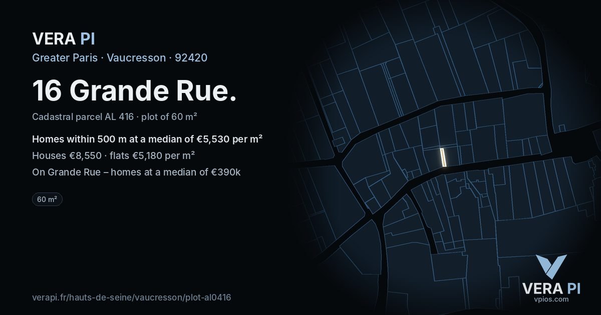 16 Grande Rue, Vaucresson at night – the plot lit, the parcels around coloured by the prices near them