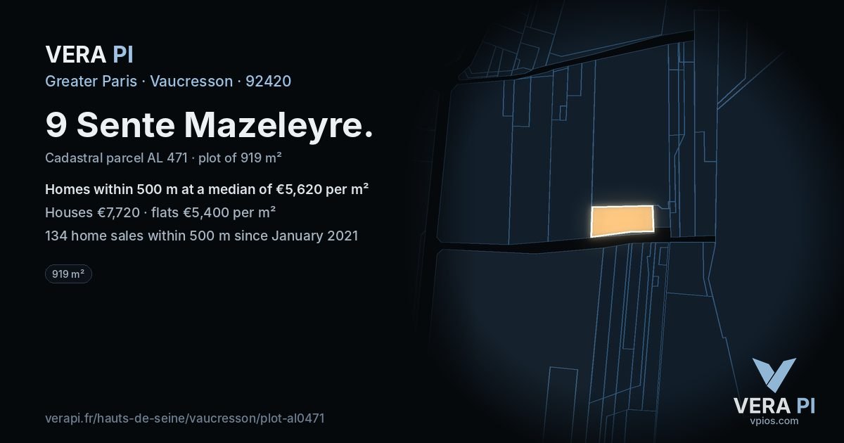 9 Sente Mazeleyre, Vaucresson at night – the plot lit, the parcels around coloured by the prices near them