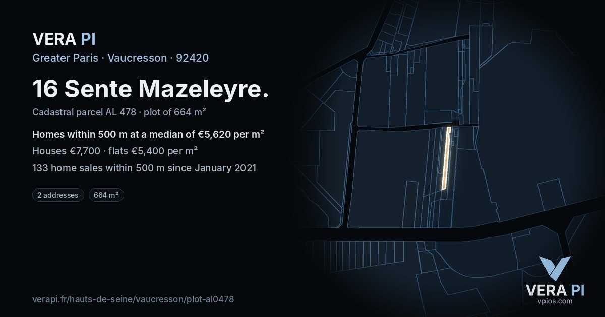 16 Sente Mazeleyre, Vaucresson at night – the plot lit, the parcels around coloured by the prices near them