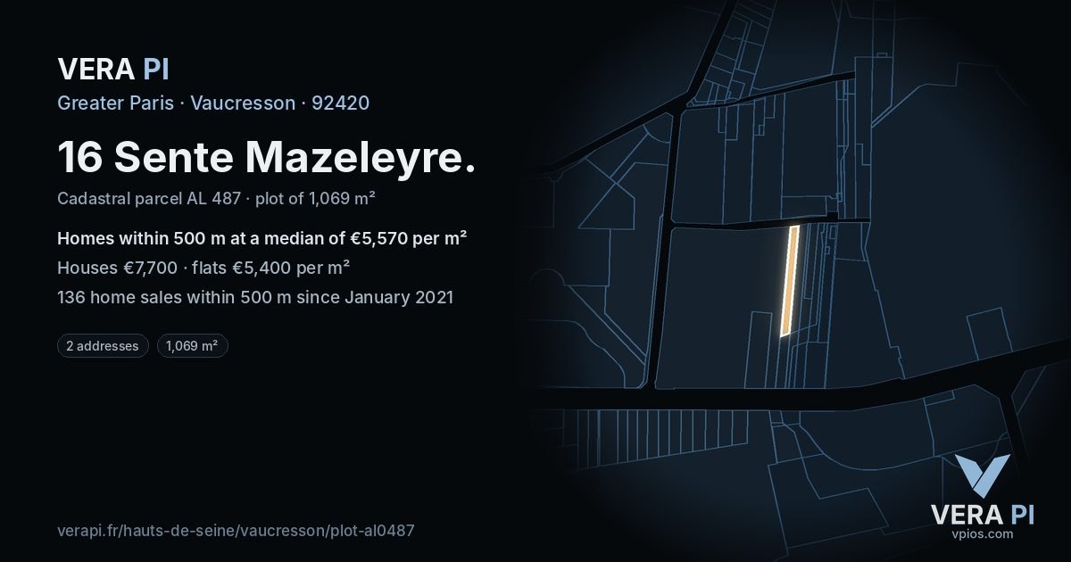 16 Sente Mazeleyre, Vaucresson at night – the plot lit, the parcels around coloured by the prices near them