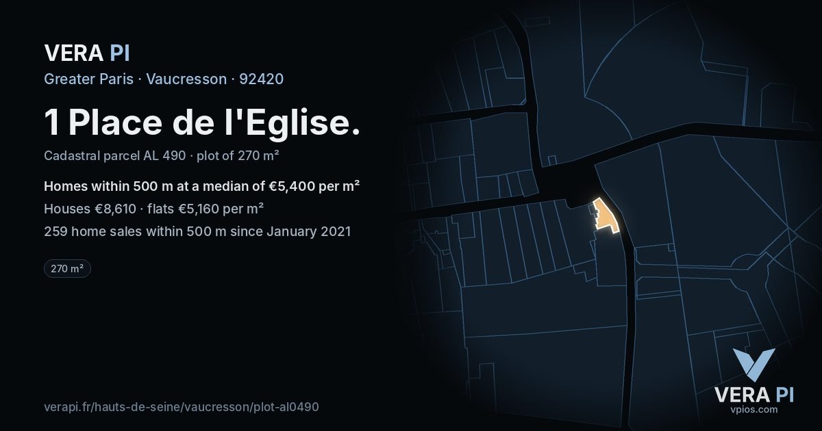 1 Place de l'Eglise, Vaucresson at night – the plot lit, the parcels around coloured by the prices near them