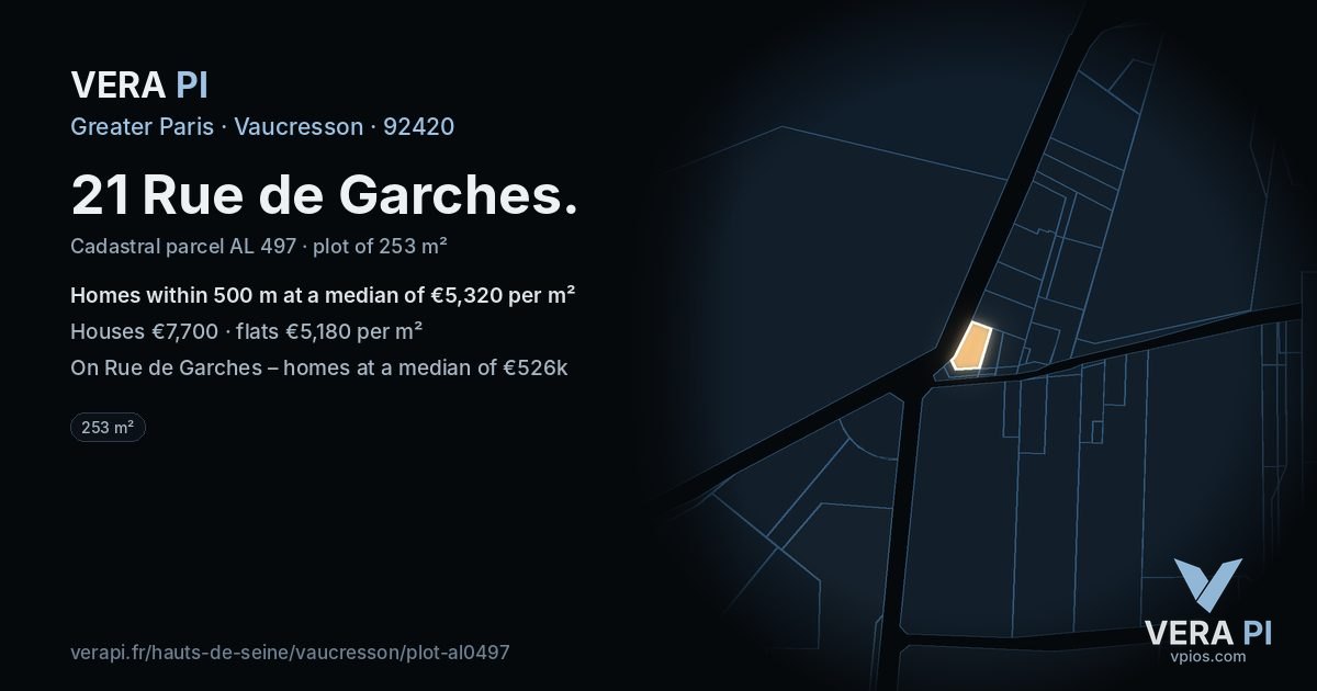 21 Rue de Garches, Vaucresson at night – the plot lit, the parcels around coloured by the prices near them